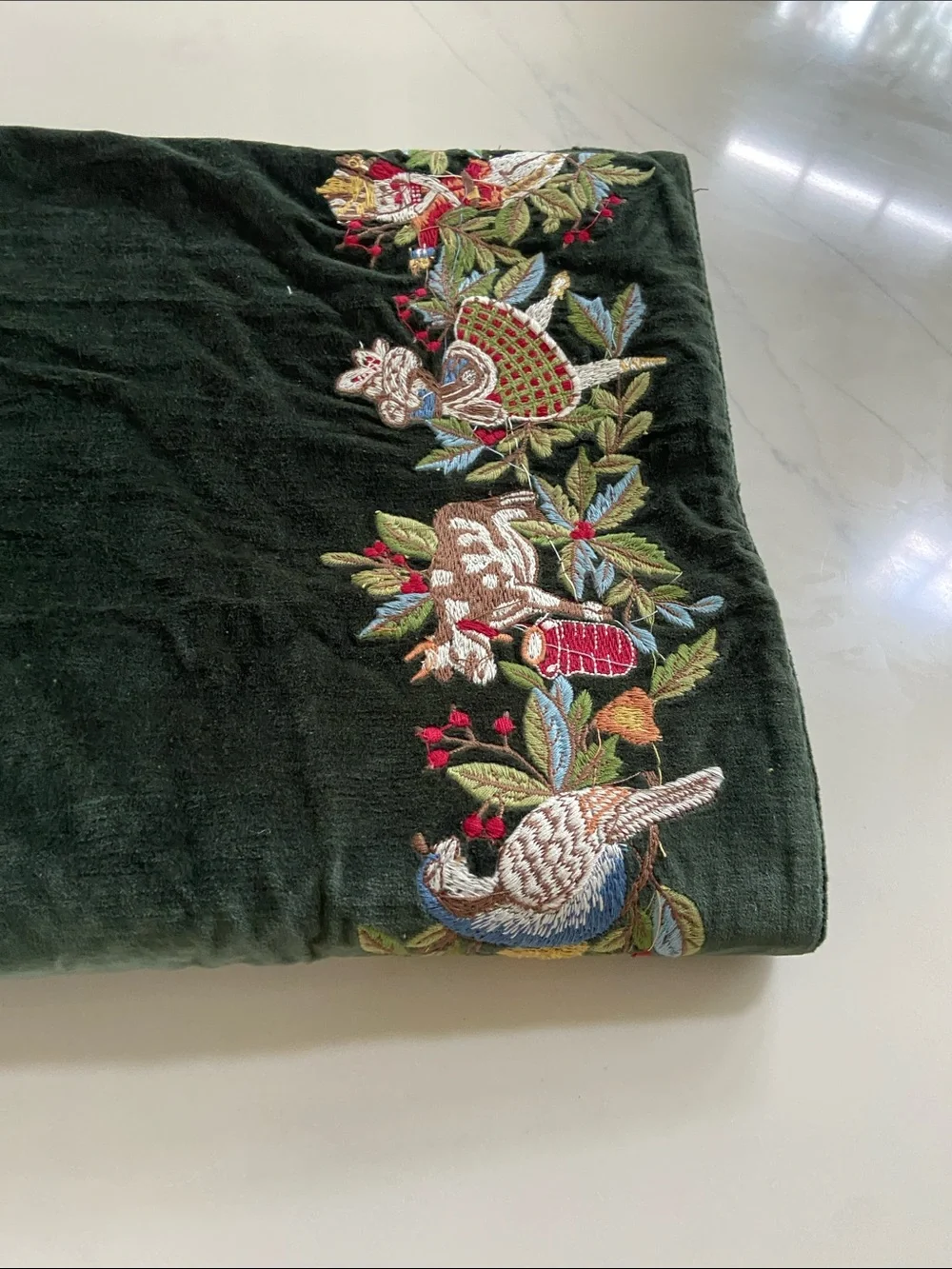 Embroidered Velvet Table Runner in Deep Forest Green.. pottery barn runner